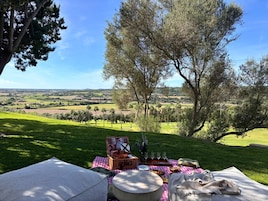 Montaje para picnic al aire libre con una mesa, cesta de picnic y alimentos sobre una colina cubierta de césped, con vistas a un valle.