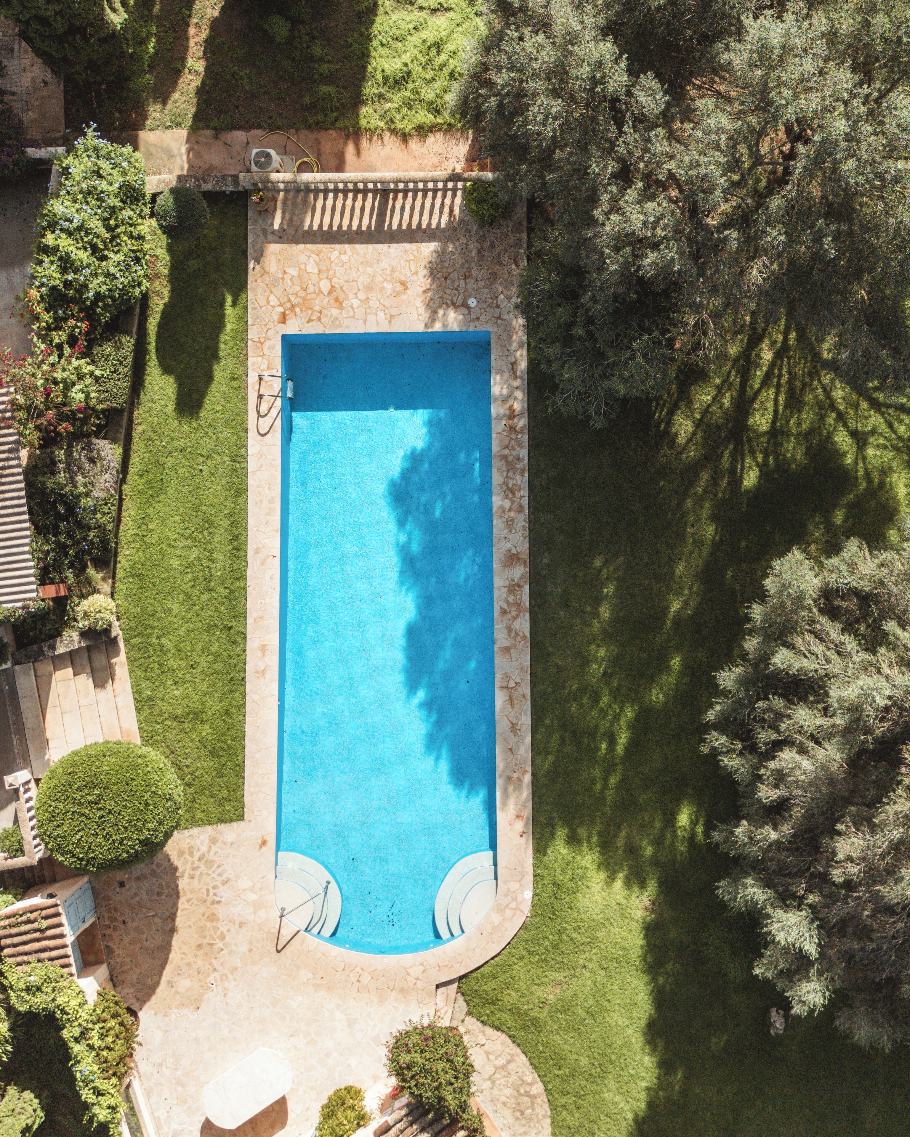 Vista aérea de uma piscina retangular com borda de pedra, cercada por grama bem cuidada e árvores.