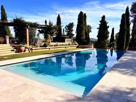 A clear swimming pool with a stone deck, surrounded by well-maintained greenery and tall trees.