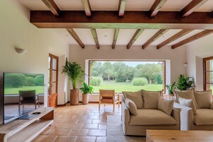 Suite exclusiva, piscina privada | Zona de estar | Televisión de pantalla plana de 43 pulgadas con canales por satélite