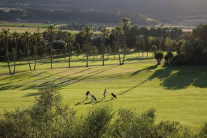 A golf course with a clear path, palm trees, and distant buildings. - Rotana la Reserva (Manacor)