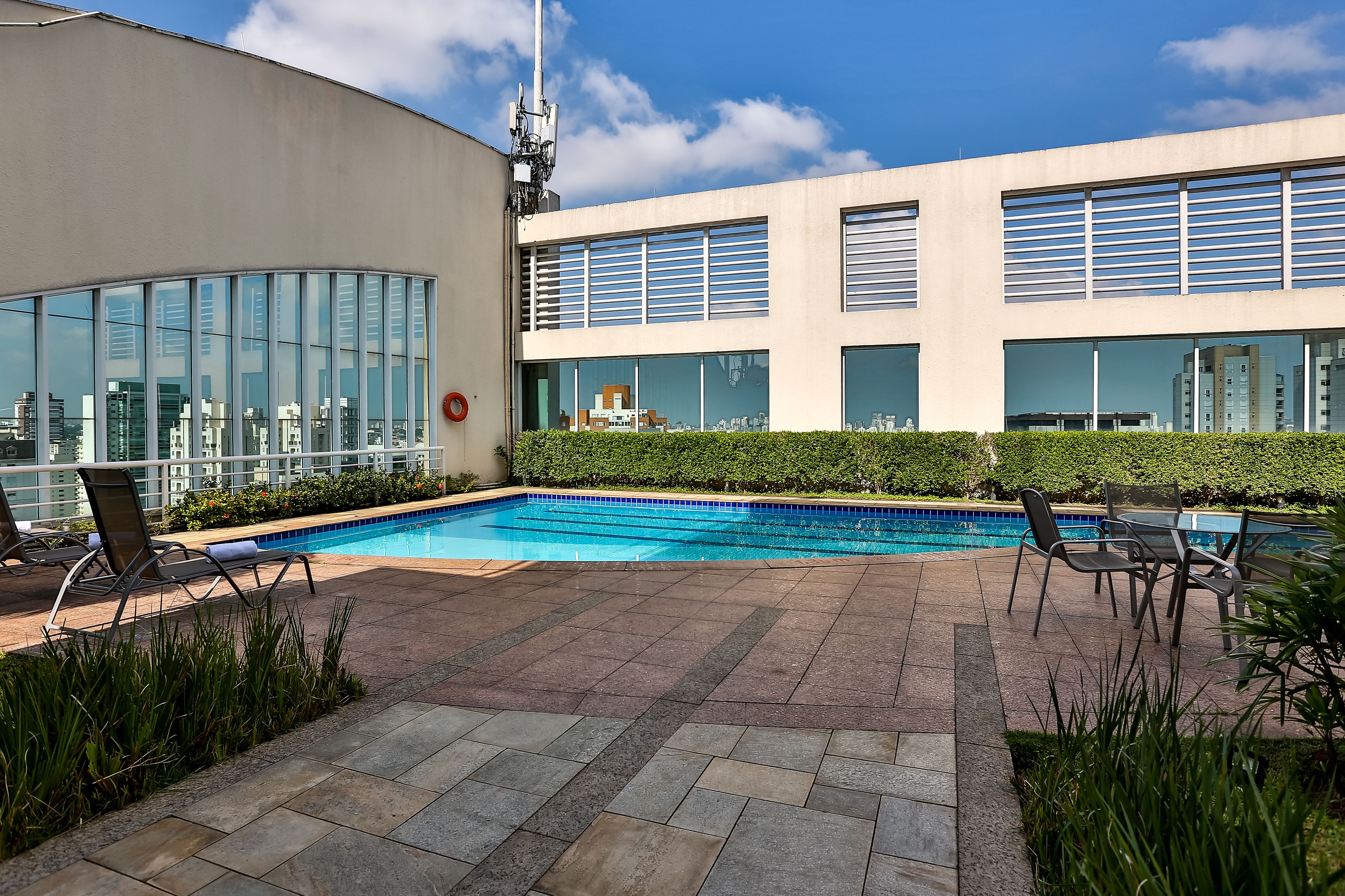 outdoor pool, pool loungers