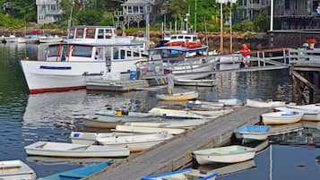 A marina with various boats docked at wooden piers.