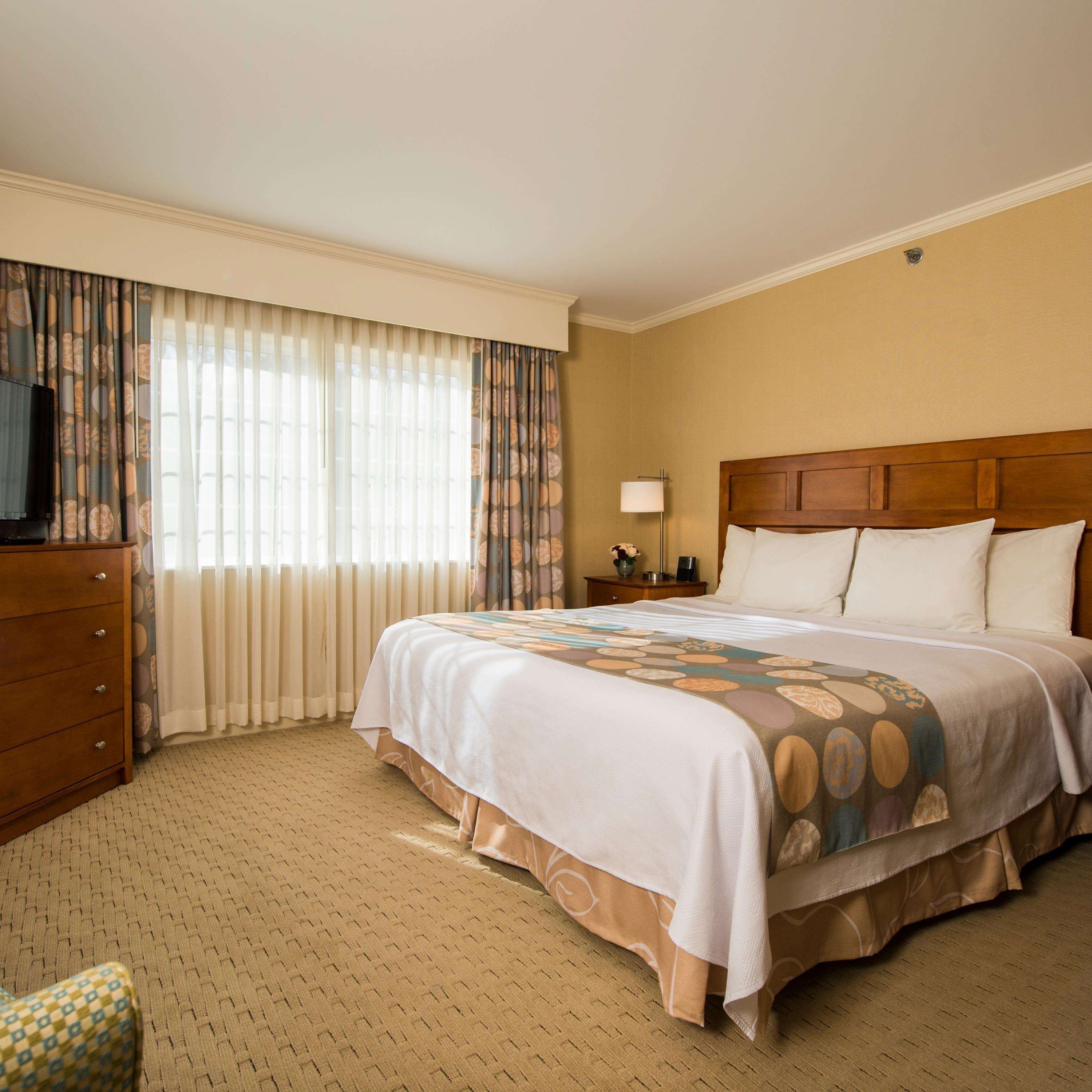 Quarto de hotel com uma cama grande, cômoda de madeira, televisão e janela com cortinas.