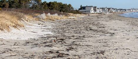 A sandy beach with a row of houses in the background.