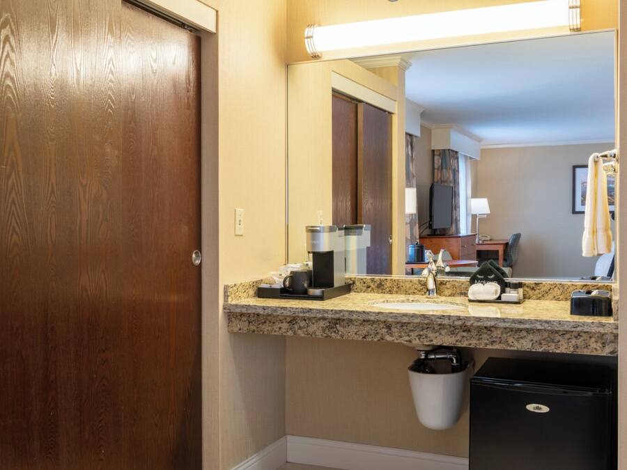 A hotel bathroom with a wooden door, a granite countertop, a sink, a mirror, a trash bin, and a black refrigerator.