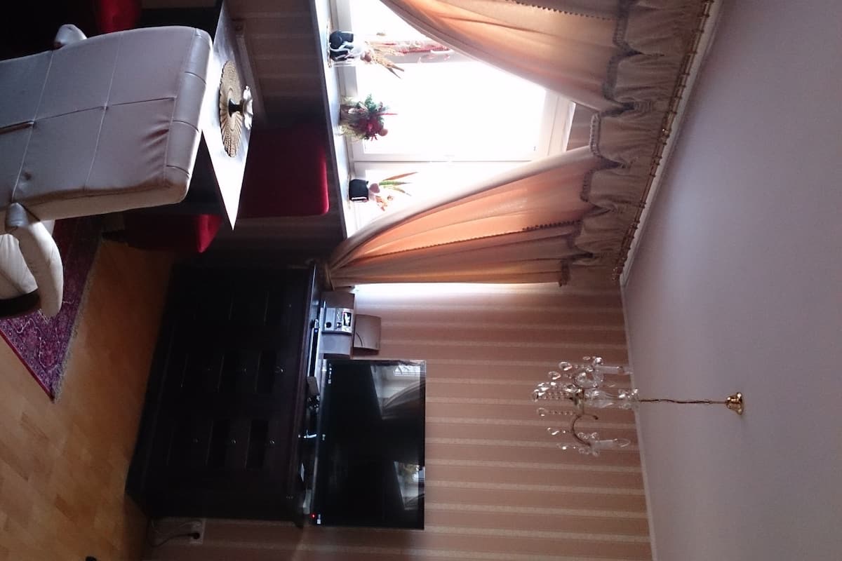 A room with a dining table, a sofa, a TV, and a window with curtains.