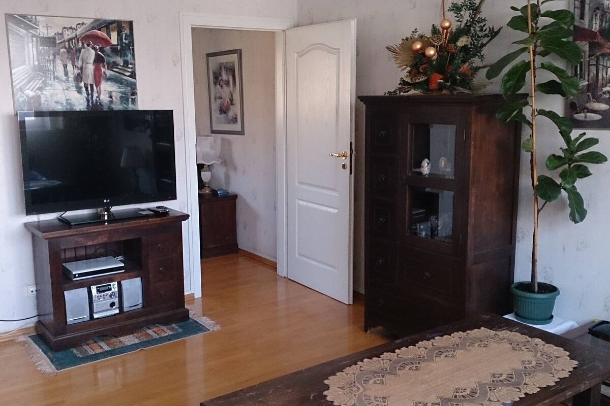 A living room with a flat-screen TV on a wooden stand, a potted plant, and a decorative mirror.