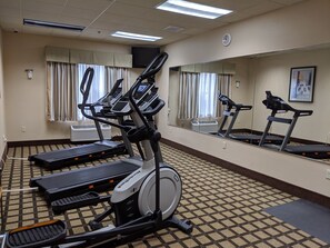Une salle de sport d’hôtel équipée de plusieurs tapis de course, d’un vélo d’appartement et d’un grand miroir qui reflète l’équipement.