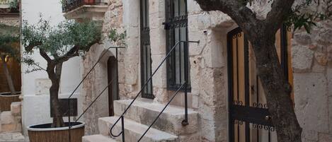 A narrow stone-paved courtyard with a tree in a large planter, a staircase with metal railings, and a building with a stone facade and barred windows.