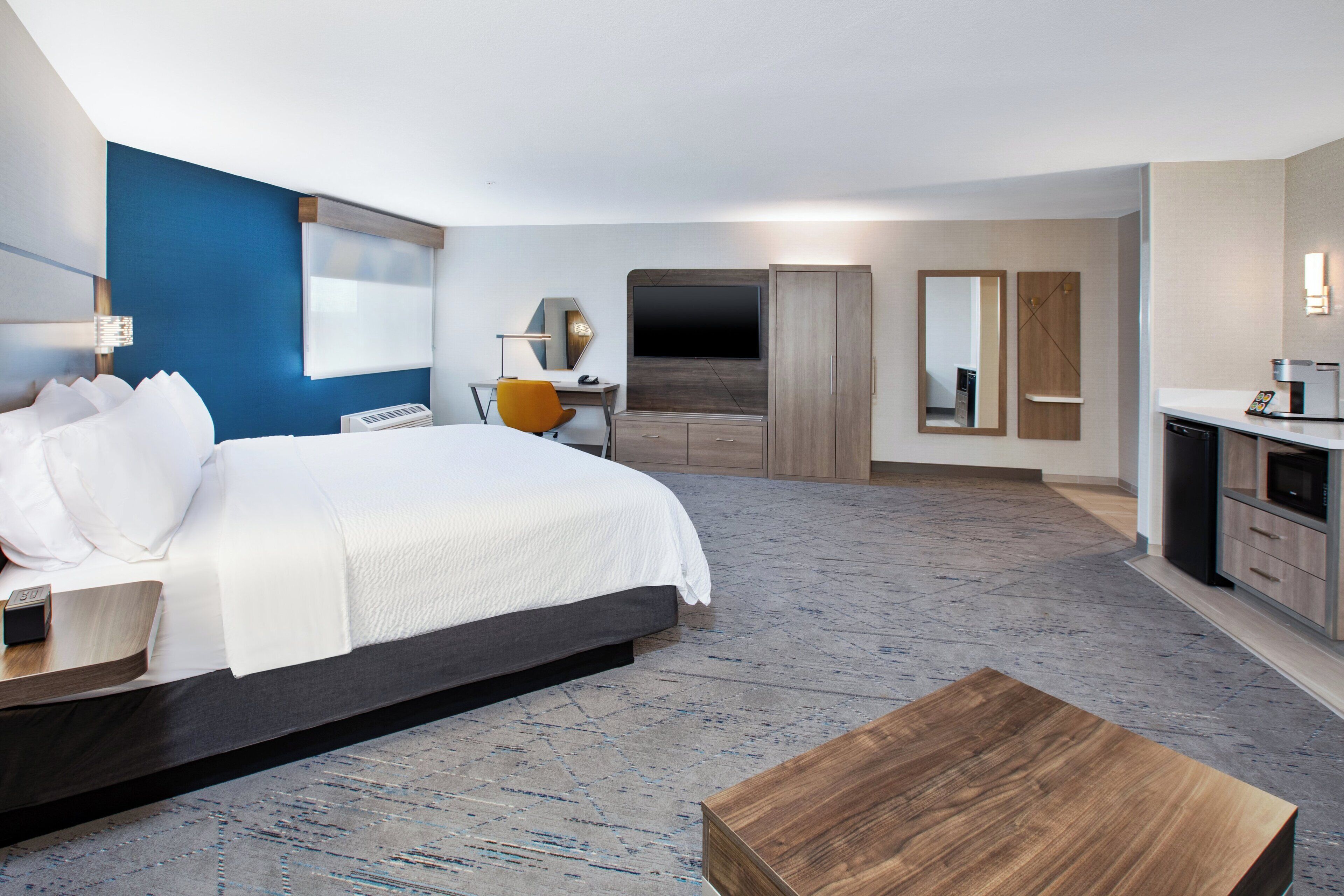 Desk, laptop workspace, blackout curtains, iron/ironing board