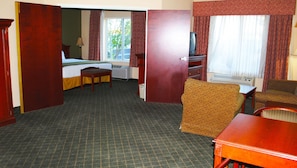 Desk, blackout curtains, soundproofing, iron/ironing board