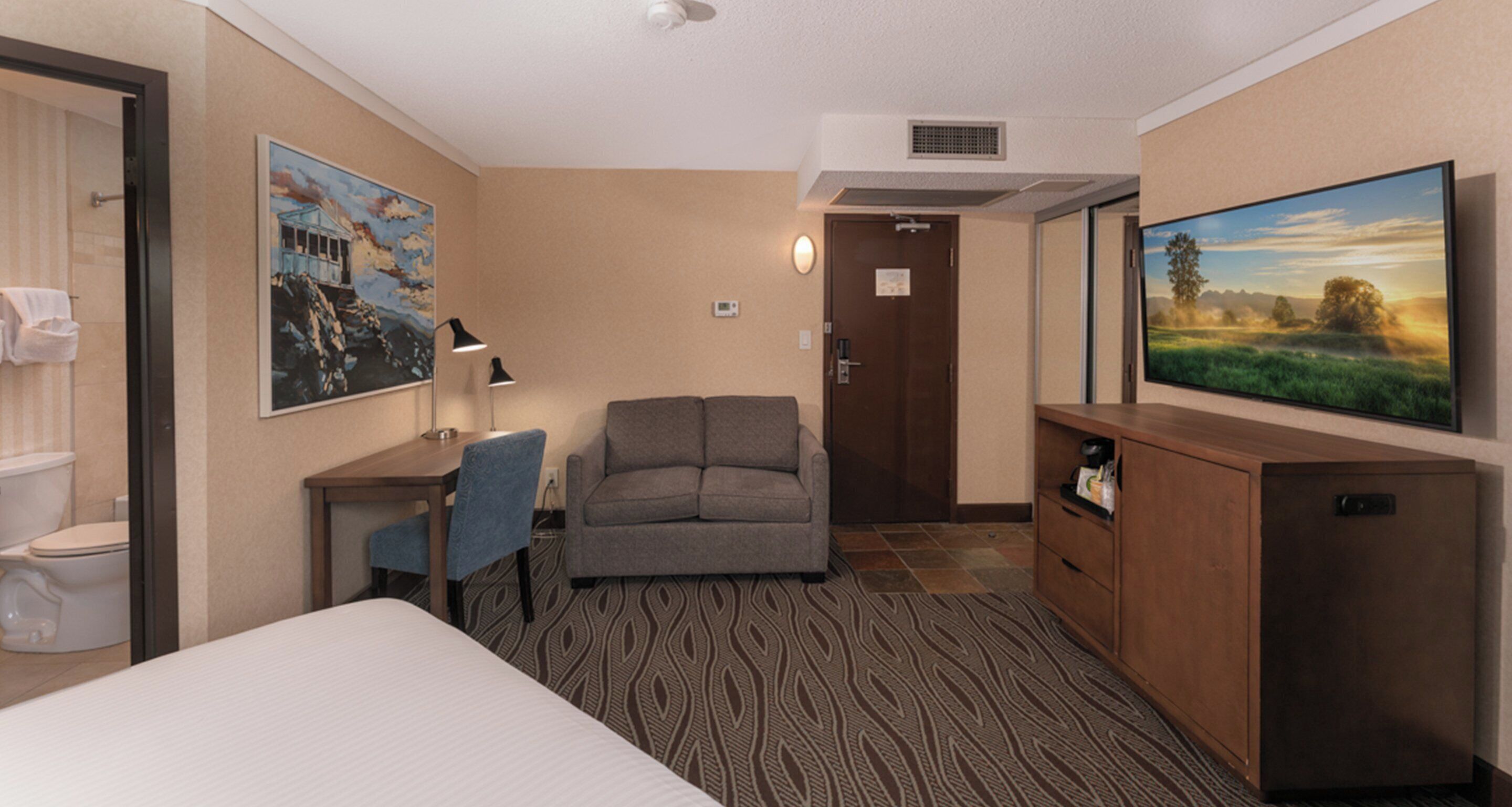 Quarto de hotel com cama, escrivaninha com cadeira, sofá, televisão, quadro e banheiro com vaso sanitário.