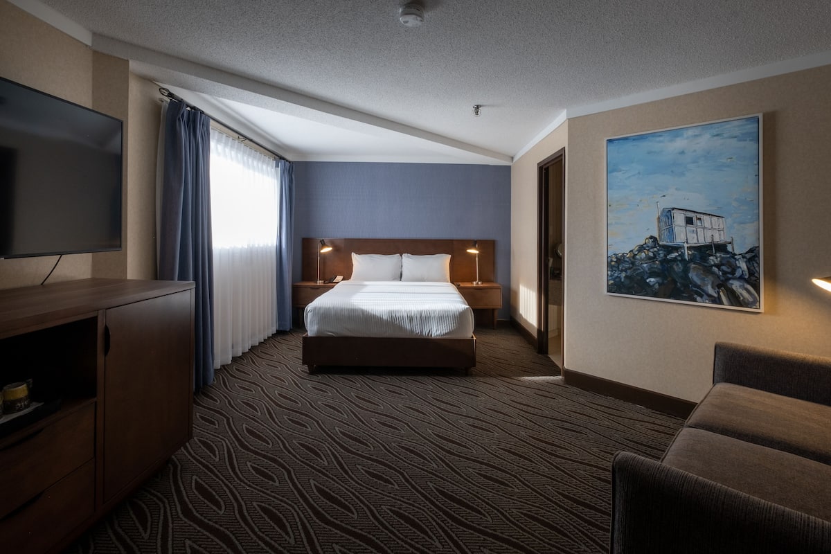 Ett hotellrum med en stor säng, en platt-TV, en byrå i trä, en tavla på väggen och en mönstrad matta.