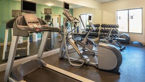 A gym with treadmills, elliptical machines, and a mirror wall.
