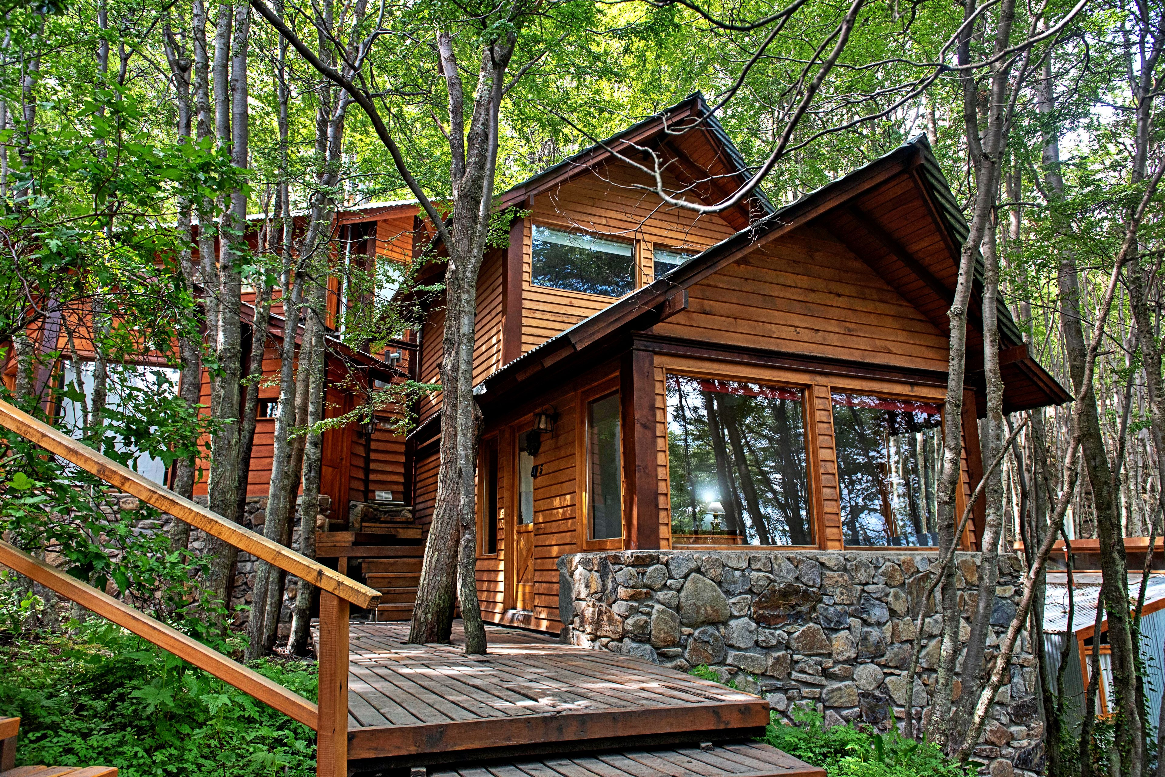 A wooden cabin with a stone foundation, surrounded by trees.