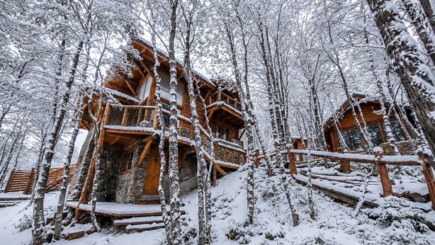 Une cabane en bois, posée sur des fondations en pierre, entourée d’arbres couverts de neige.