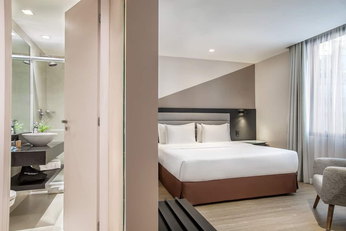 Habitación de hotel moderna con una cama grande, una mesita de noche, una silla, un baño con lavamanos y ducha, y vistas a la ciudad desde la ventana.