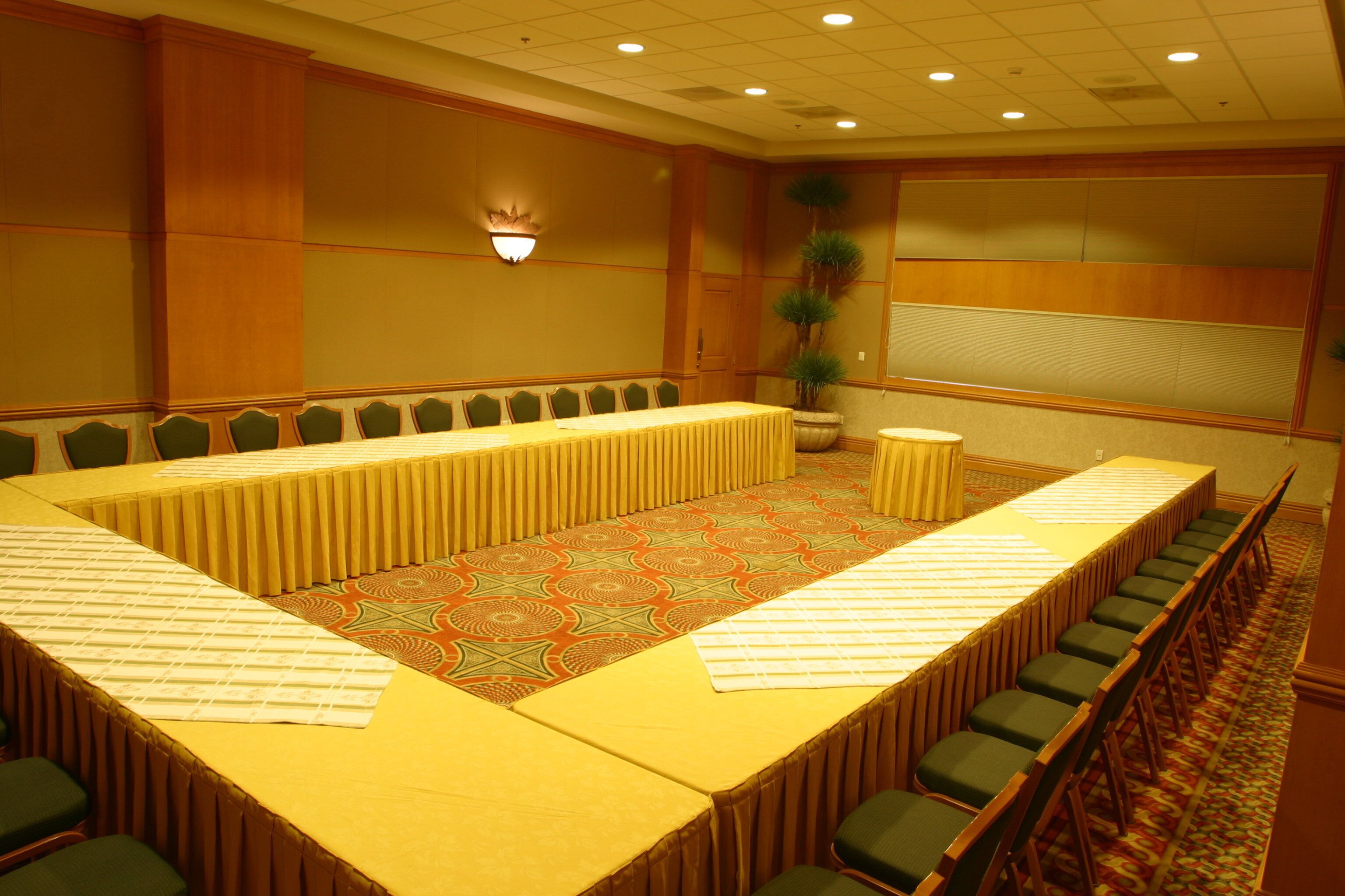 A conference room with a long table, chairs, and a potted plant.