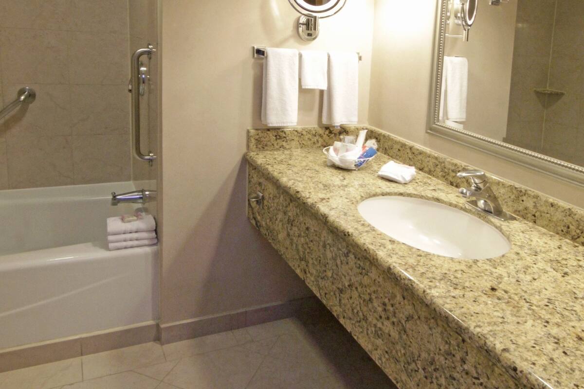 combined shower/bathtub, deep-soaking bathtub, free toiletries