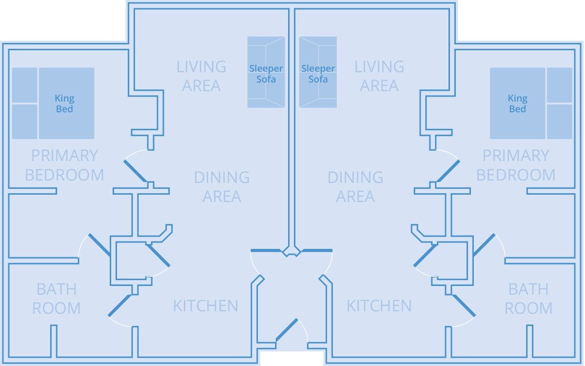 Un plan d’étage d’un hôtel comprenant deux chambres principales, deux salles de bain, une cuisine, un coin repas et deux salons équipés de canapés-lits.