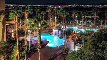 5 outdoor pools, open 8:00 AM to 10:00 PM, pool umbrellas, sun loungers