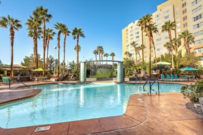 5 outdoor pools, open 8:00 AM to 10:00 PM, pool umbrellas, pool loungers