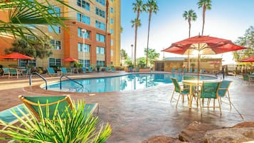 5 outdoor pools, open 8:00 AM to 10:00 PM, pool umbrellas, sun loungers