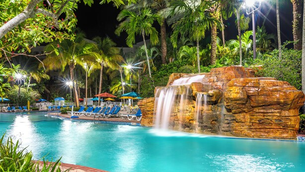 Una piscina con una cascada, rodeada de palmeras y sillas de descanso.