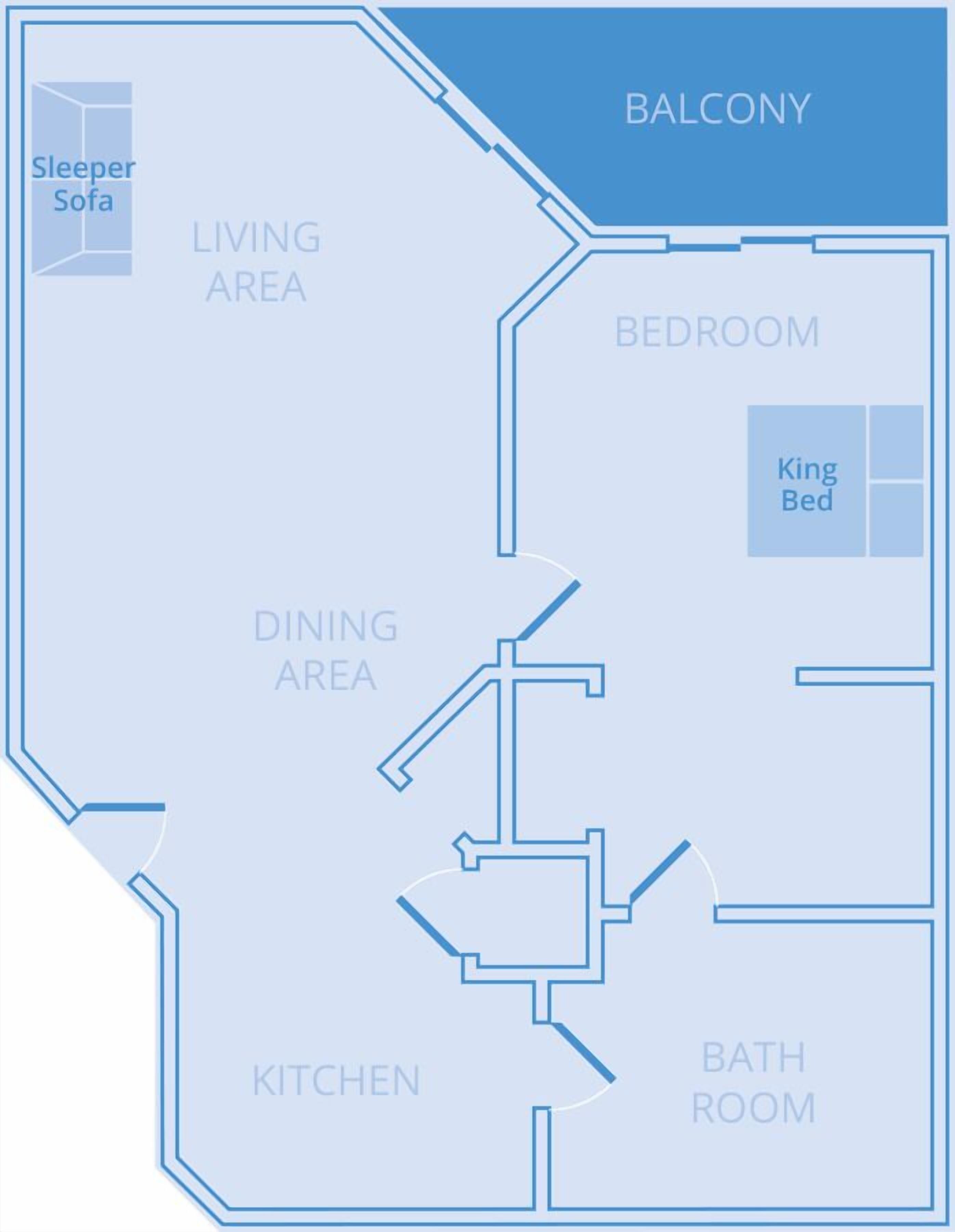 A floor plan of a hotel with a living area, balcony, bedroom, dining area, kitchen, and bathroom.
