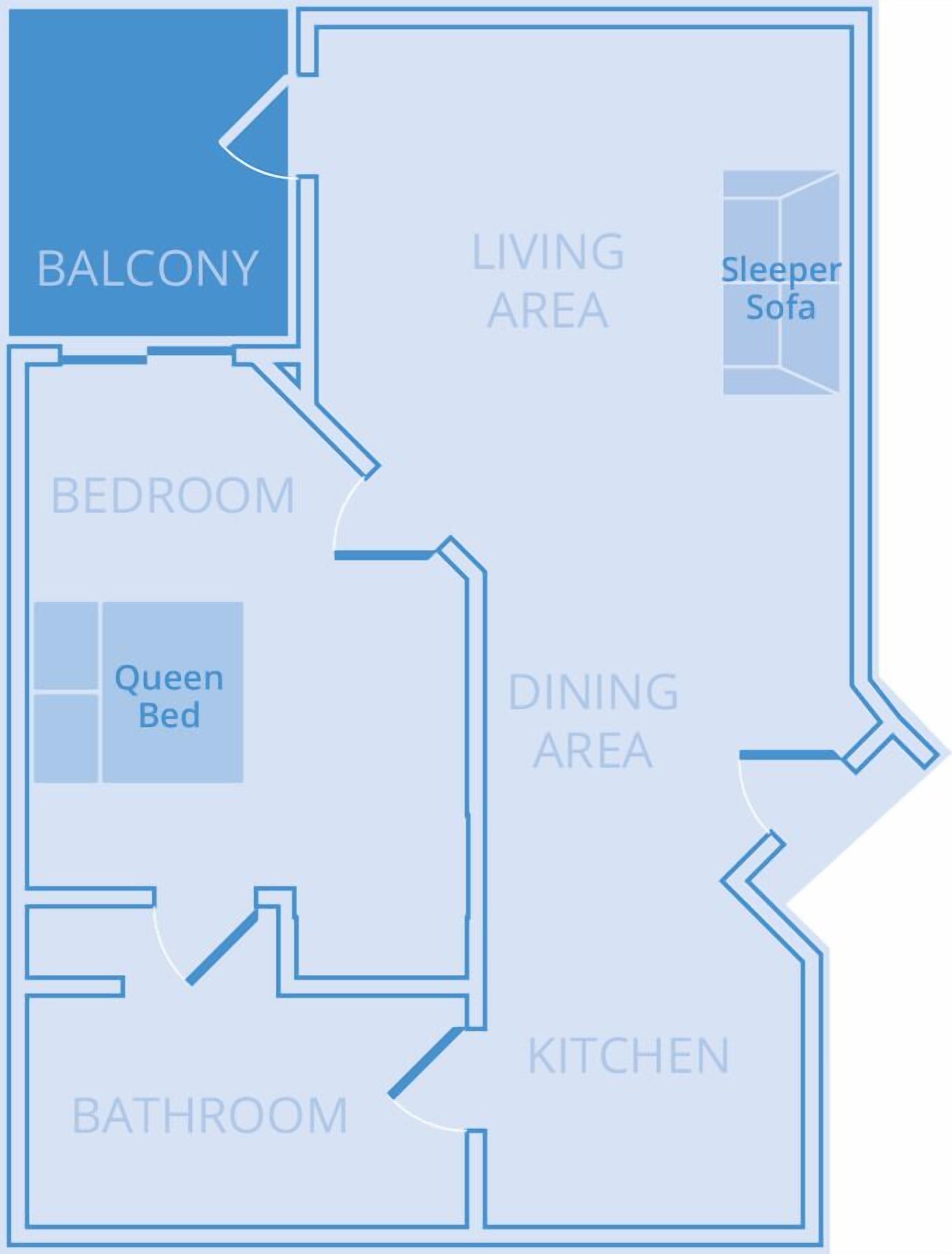A floor plan with a balcony, bedroom, queen bed, bathroom, kitchen, dining area, and living area with a sleeper sofa.