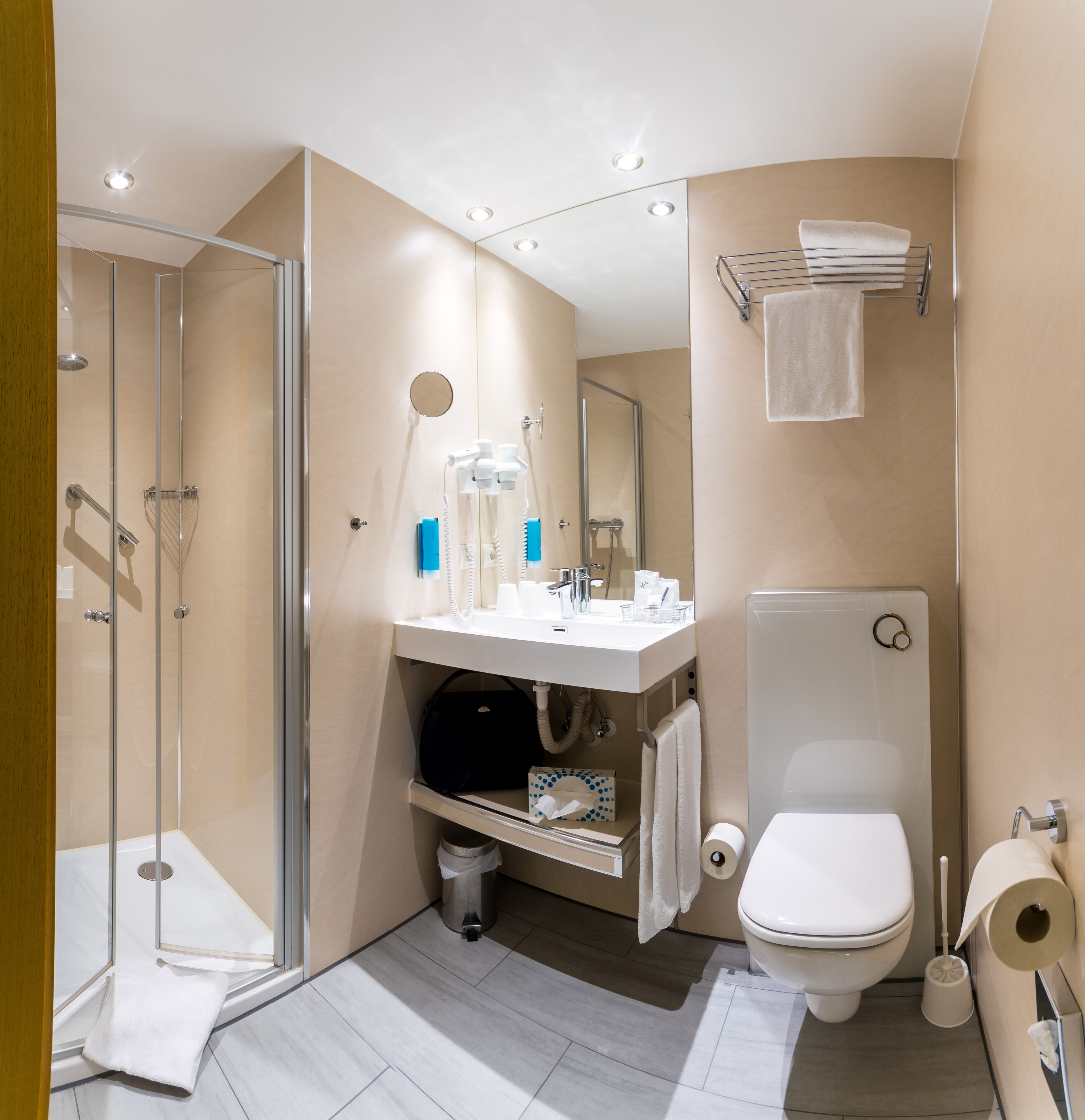 free toiletries, hair dryer, towels