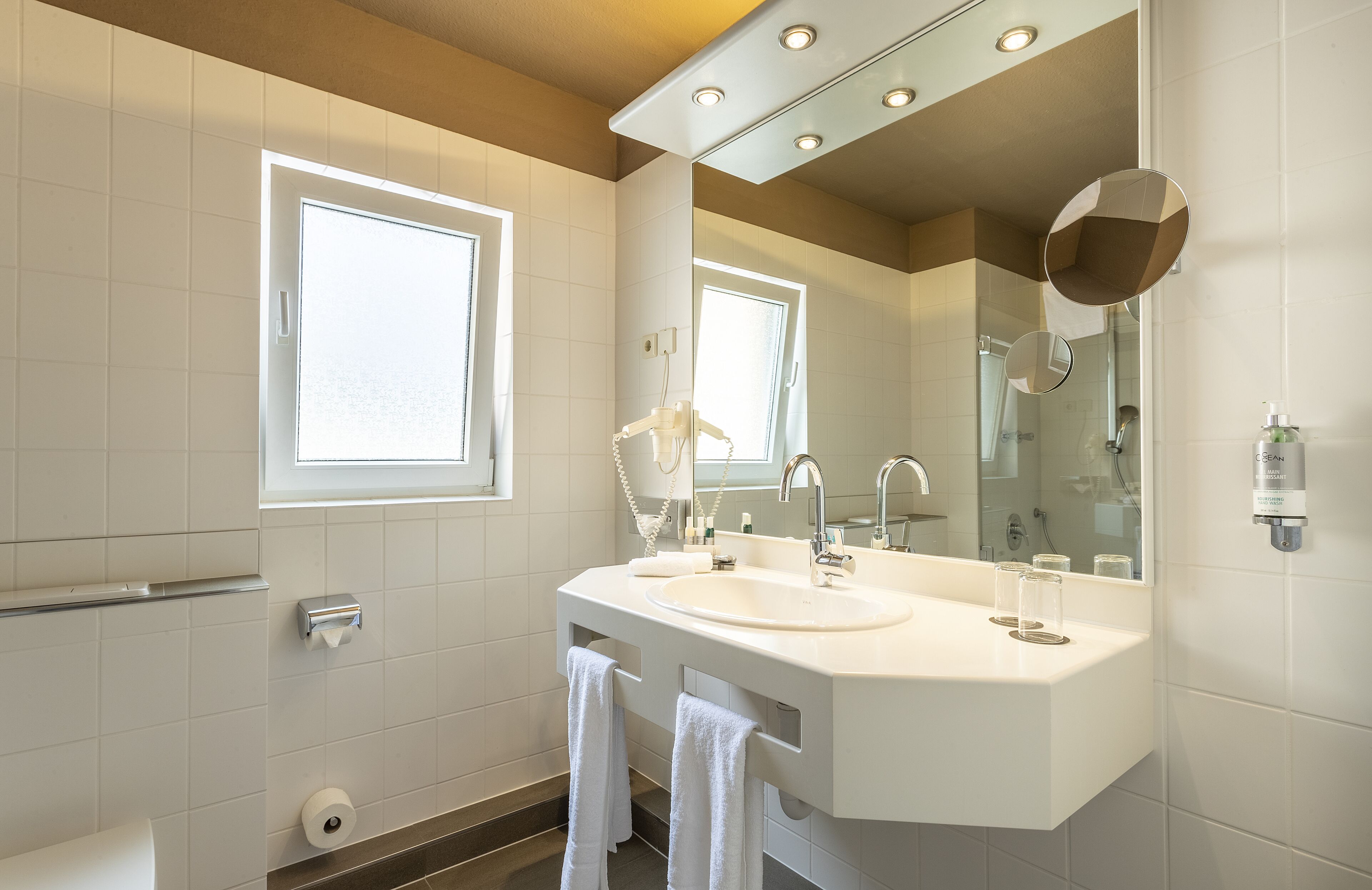 free toiletries, hair dryer, towels