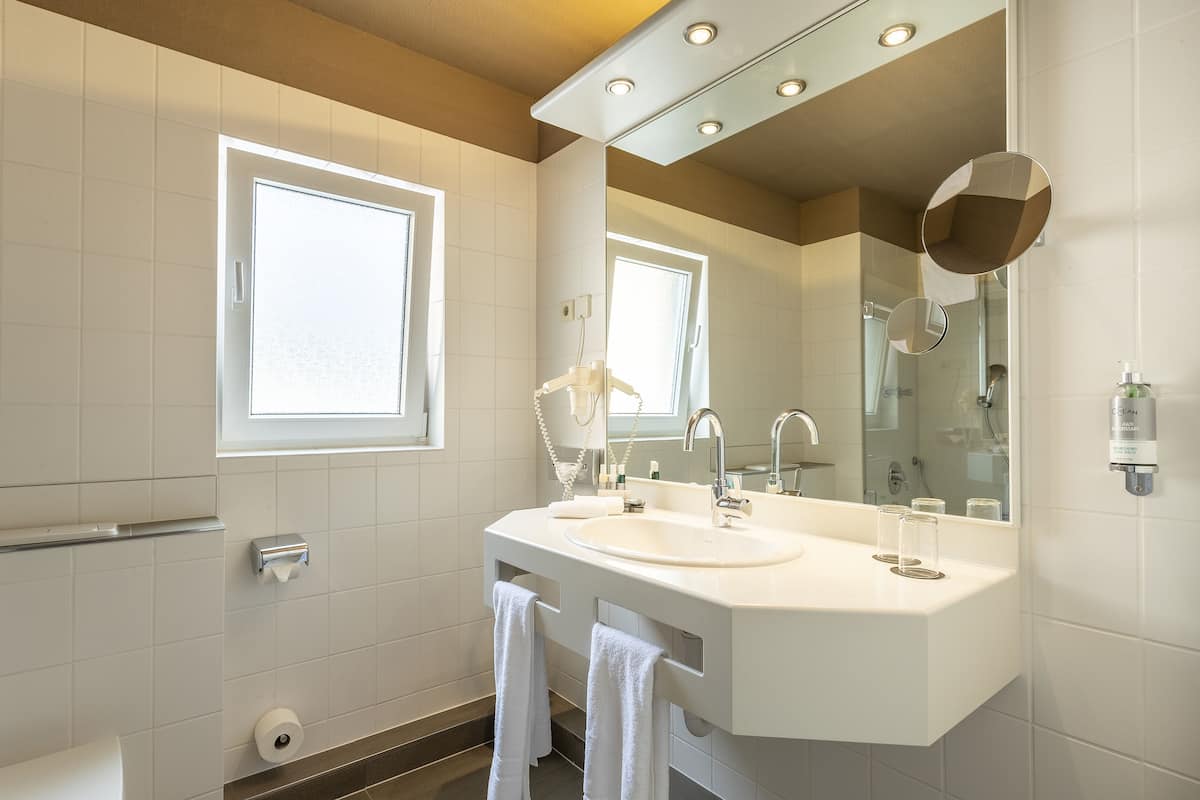 free toiletries, hair dryer, towels