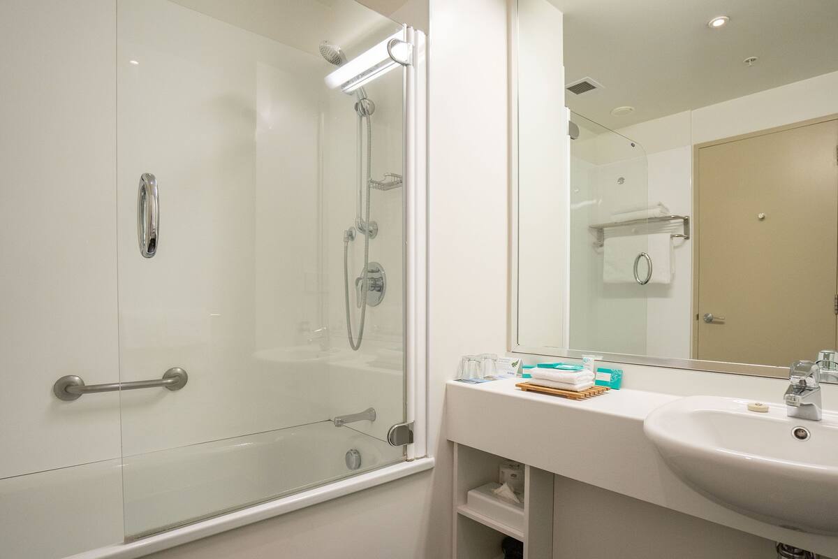 shower, free toiletries, hair dryer, towels