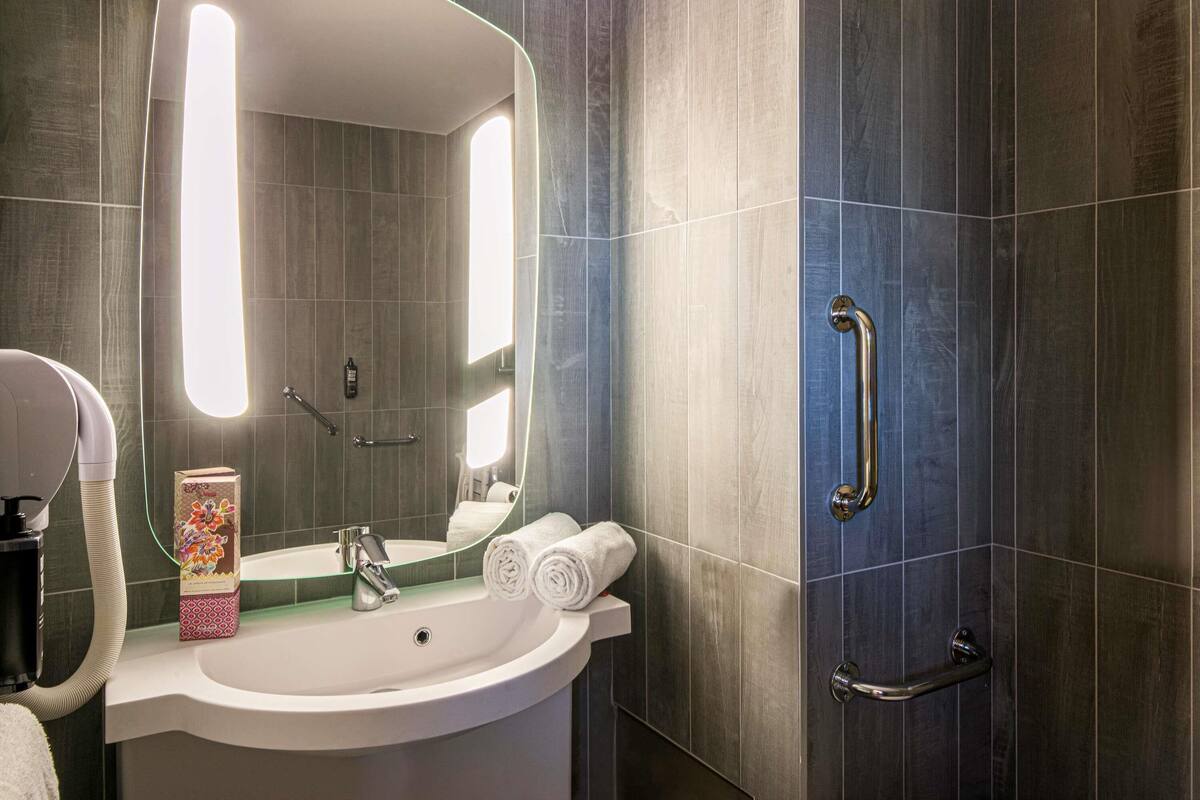 A modern bathroom with a curved sink, a large mirror, a handheld showerhead, and a grab bar.
