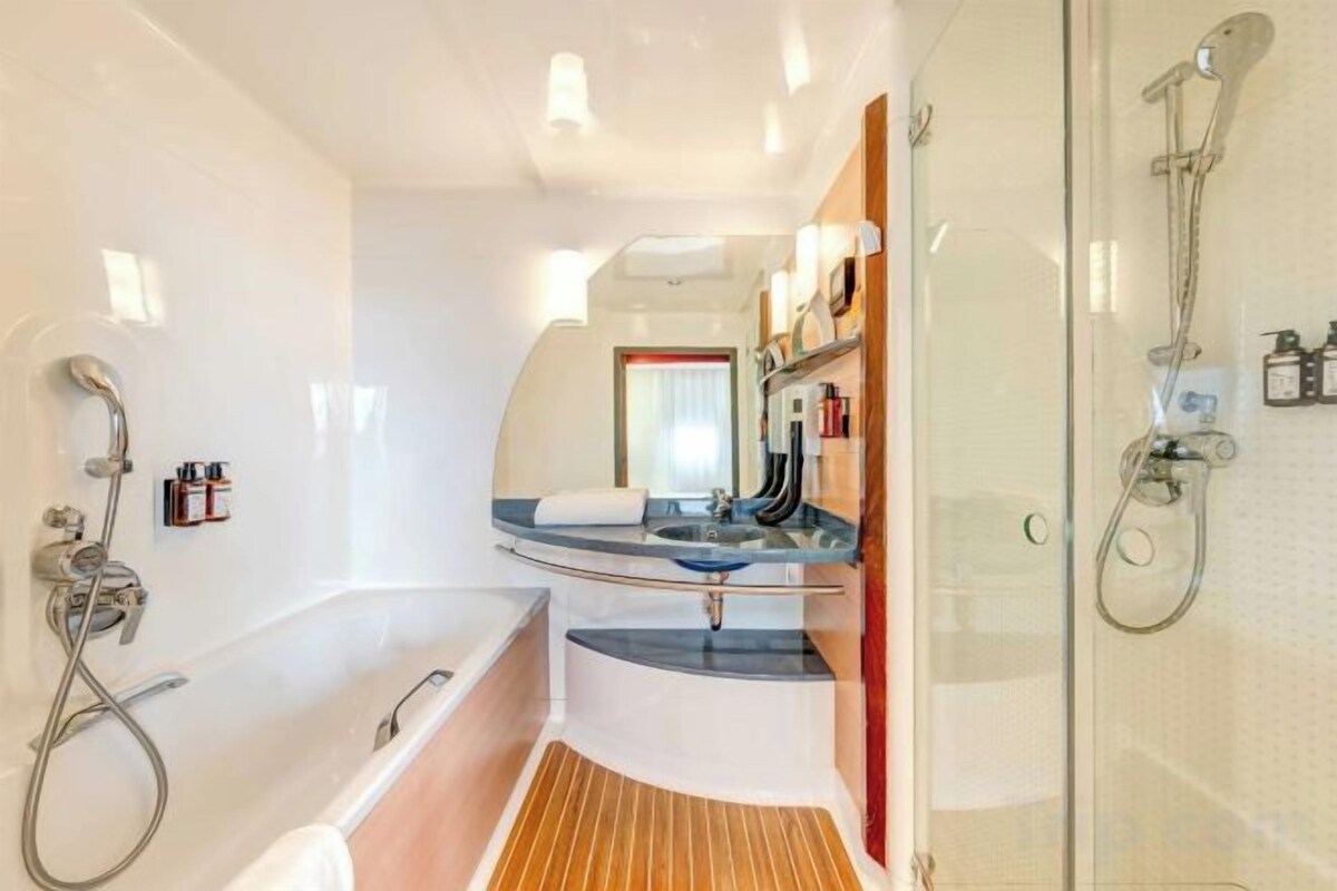 Een aparte badkuip en douche, gratis toiletartikelen, een haardroger