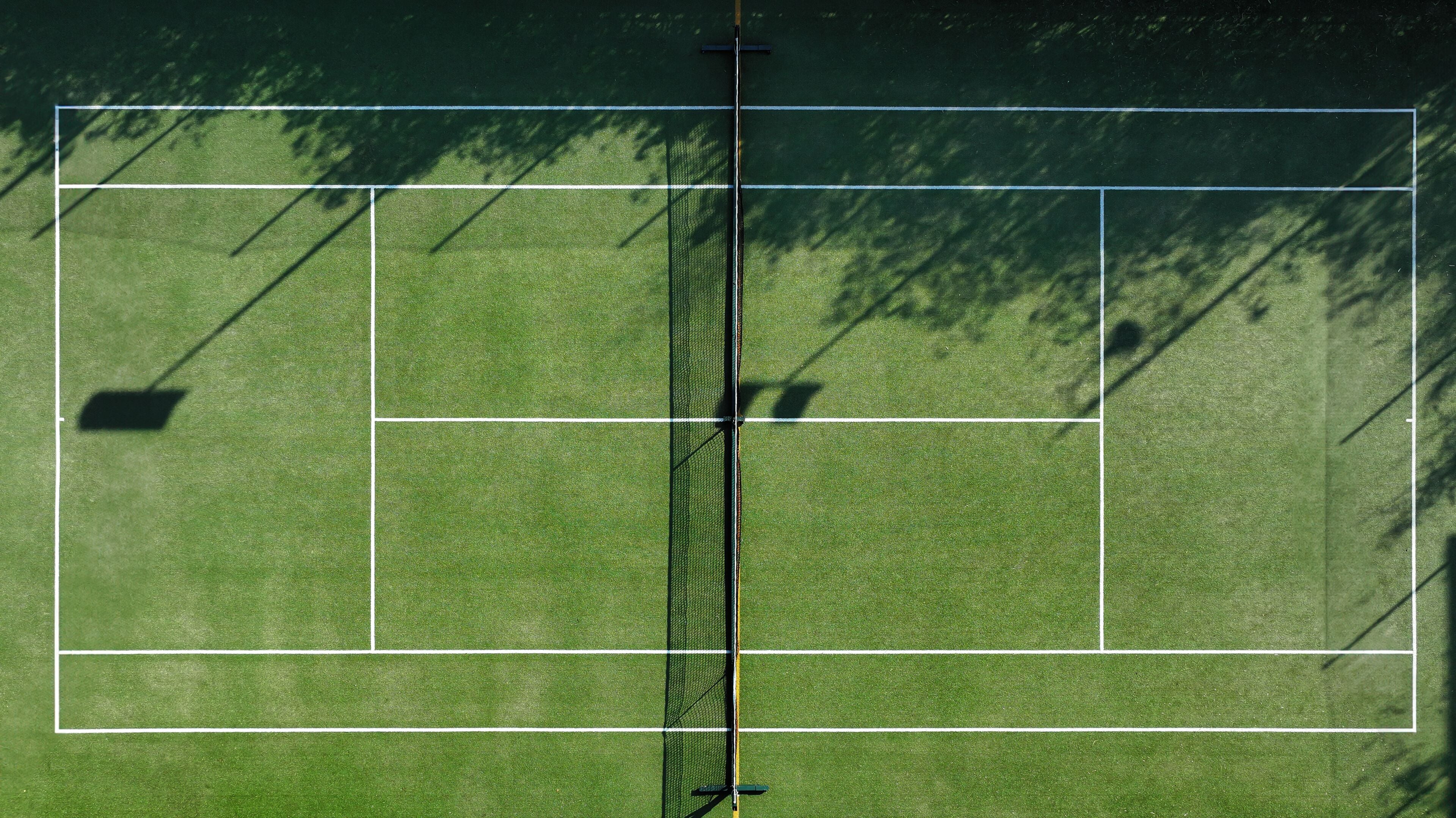 Una cancha de tenis con una red en el centro, rodeada de árboles.