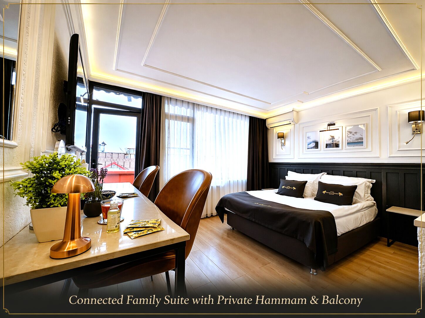جناح عائلي - بغرف متصلة (Private Hammam) | أغطية فراش متميزة وعناصر مجانية داخل الميني بار وخزنة داخل الغرفة ومكتب