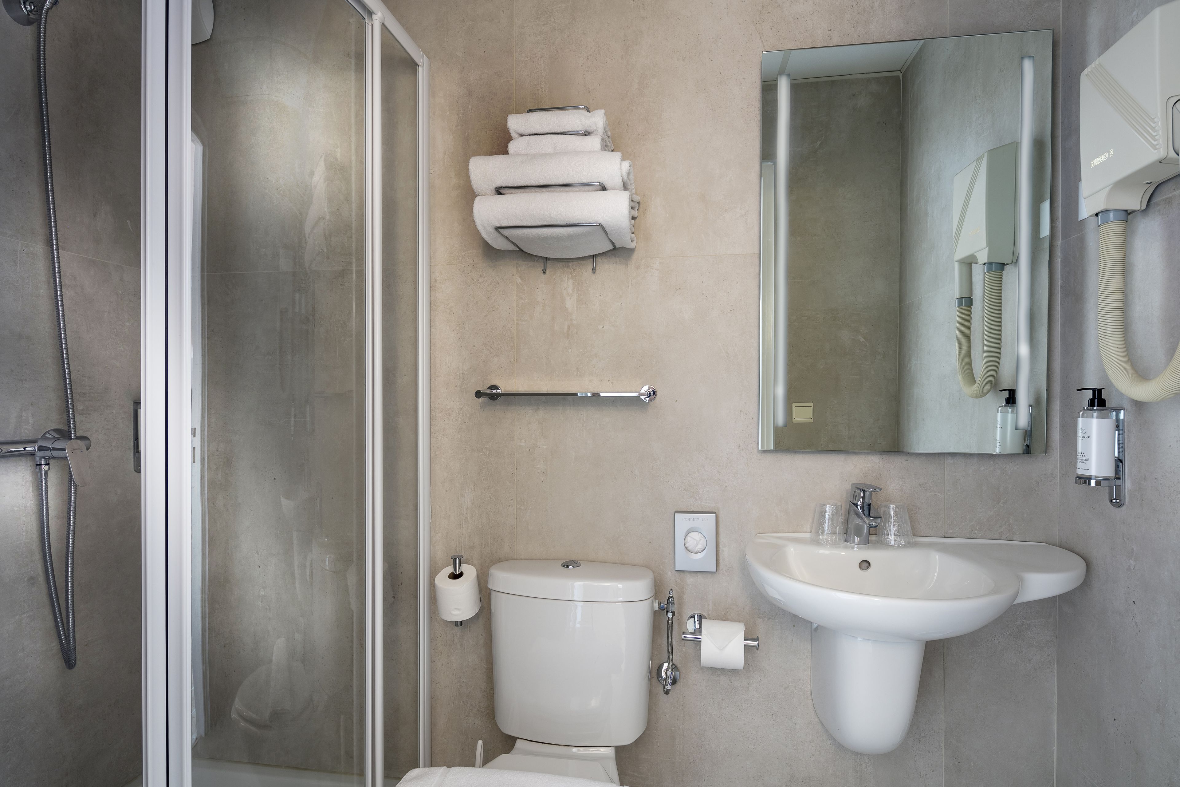 free toiletries, hair dryer, towels