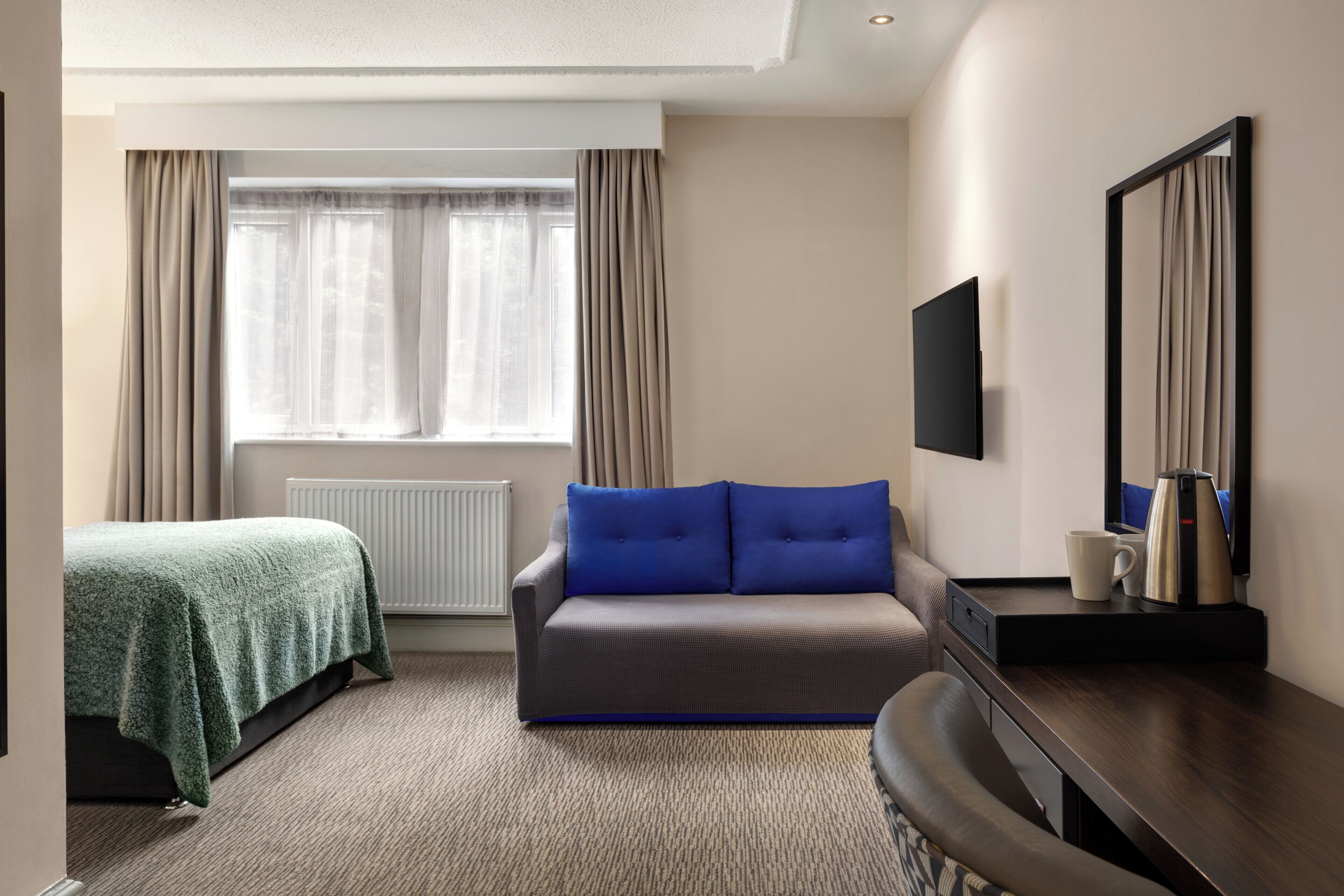 A hotel room with a bed, a sofa, a desk, a coffee maker, and a TV.