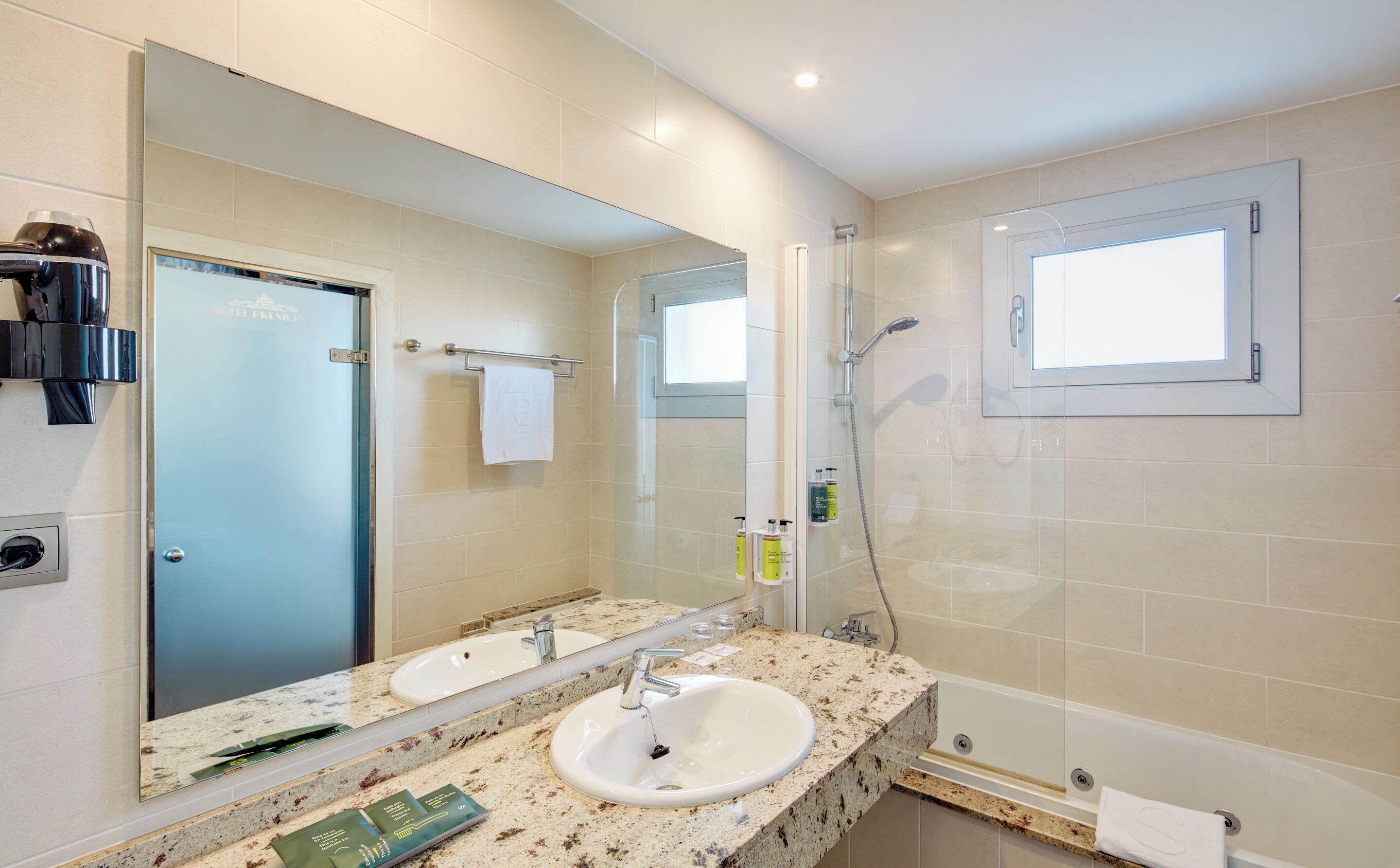 free toiletries, hair dryer, towels