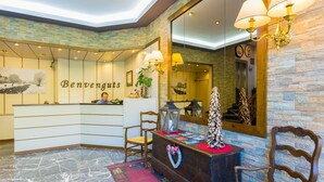 A reception area with a reception desk, a mirror, and a decorative tree. - Hotel Eth Solan (Vielha e Mijaran)