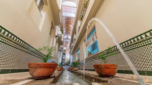 A narrow corridor with a water feature, potted plants, and patterned walls. - Checkin Camino de Granada (Granada)