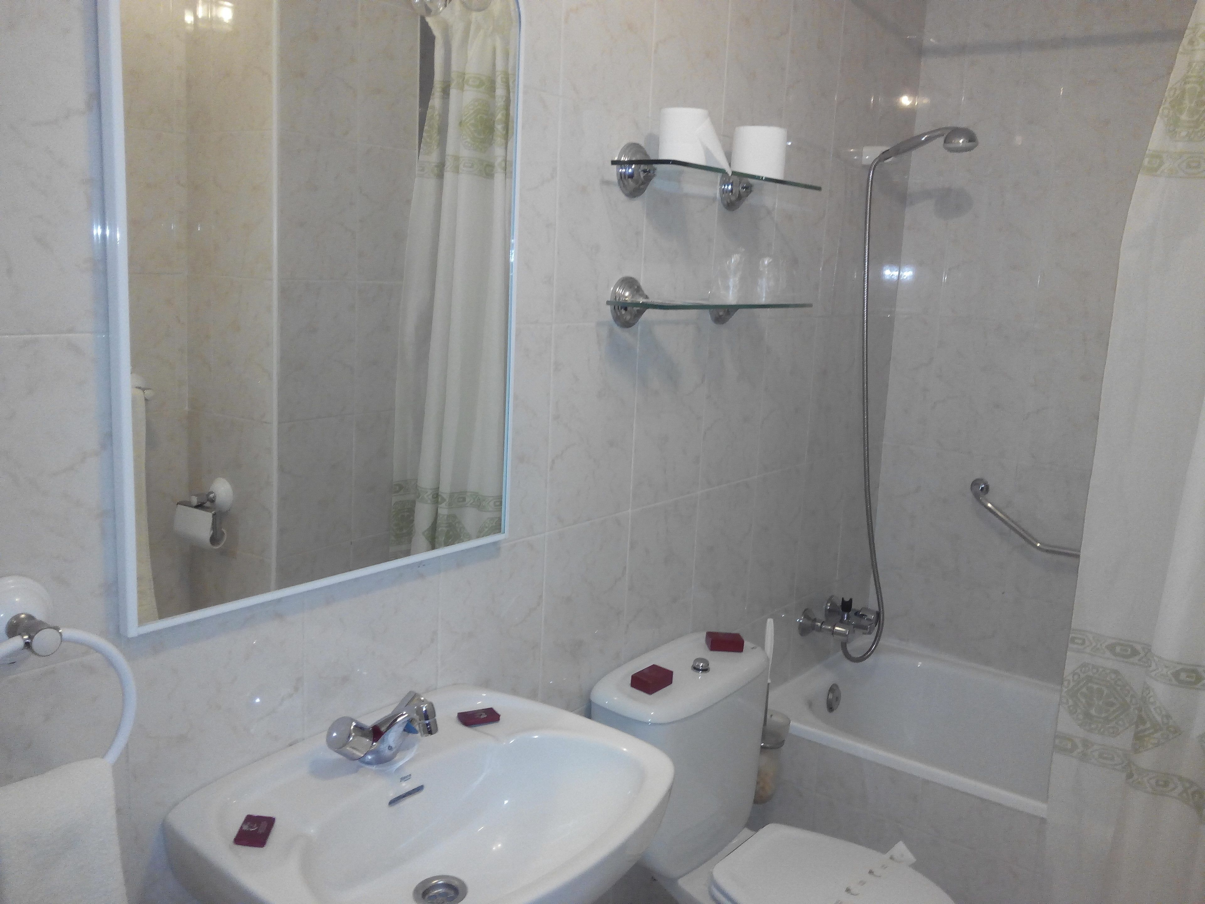 twin room | bathroom | combined shower/bathtub, free toiletries, hair dryer, towels