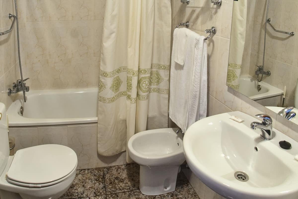 twin room | bathroom | combined shower/bathtub, free toiletries, hair dryer, towels