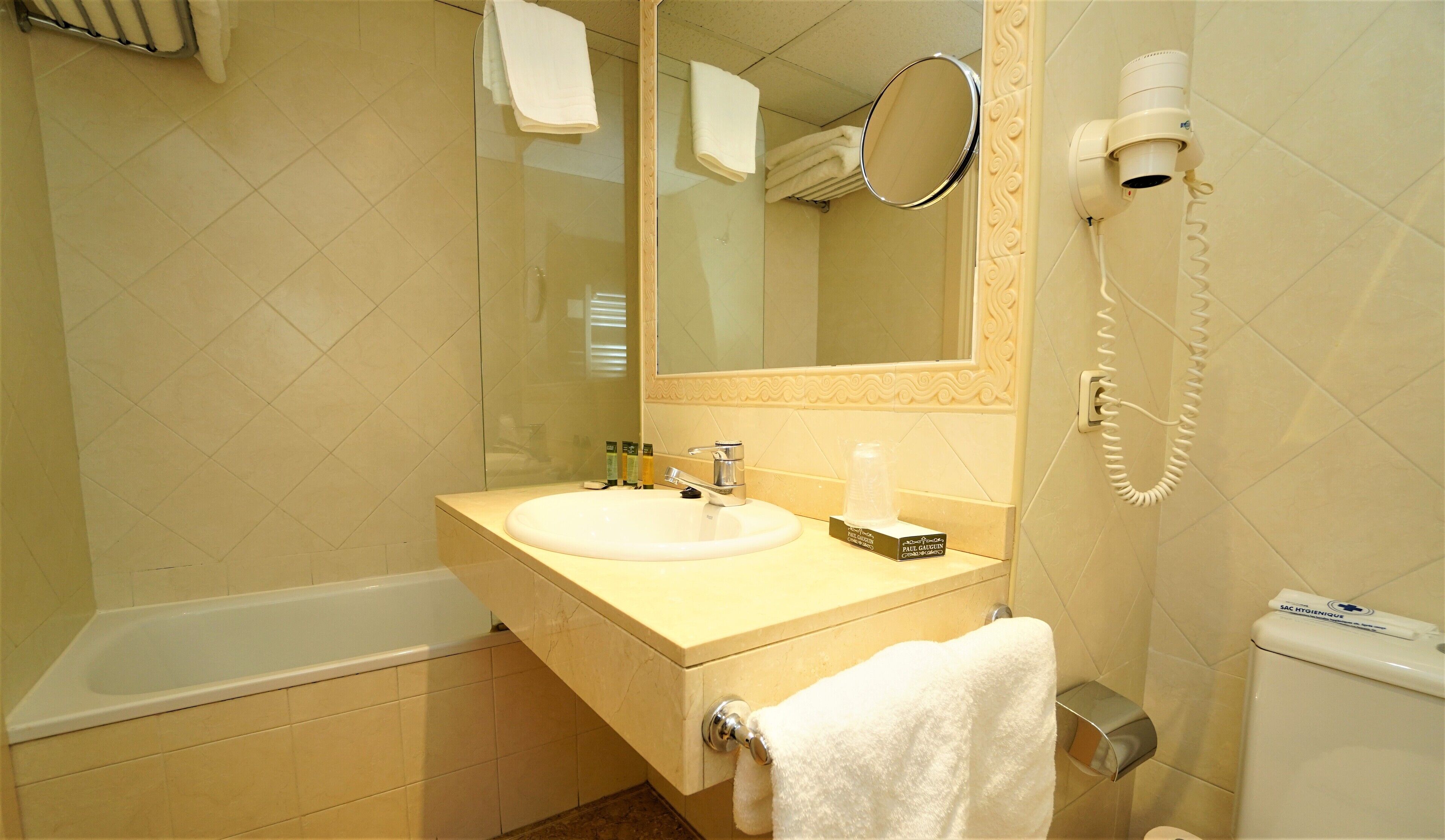 free toiletries, hair dryer, towels