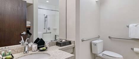 A modern bathroom with a sink, mirror, and toilet.