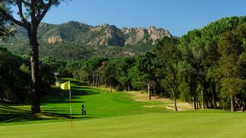 Enjoy a round of golf amidst lush greenery and scenic mountain views.