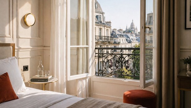 A room with a bed, a bedside table with a book and a bottle, a window with curtains, and a view of buildings. - Hôtel Beauvoisin (Paris)
